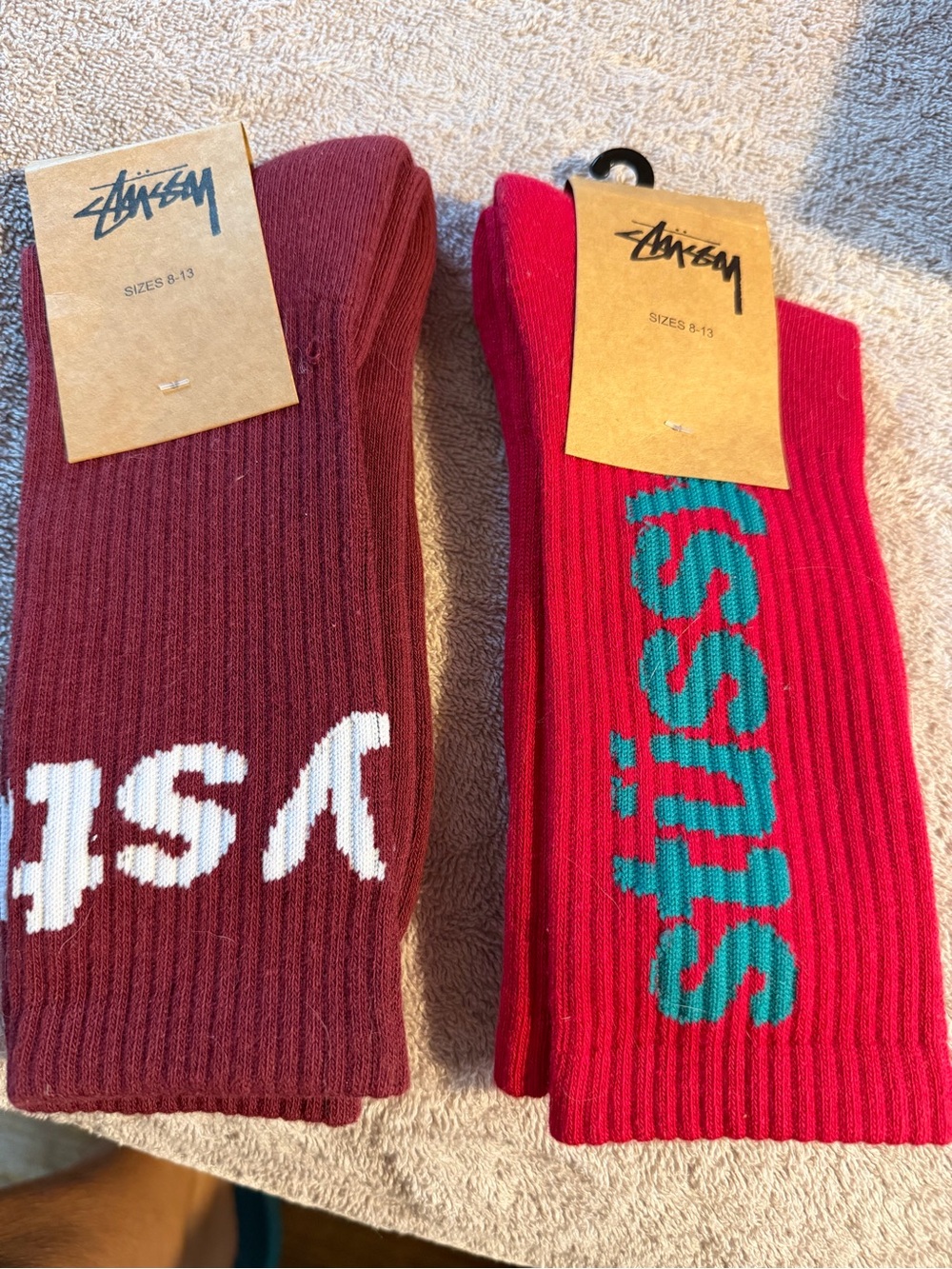 Stussy Maroon & Red Athletic Crew Socks with White and Teal Logos - Picture 1 of 5